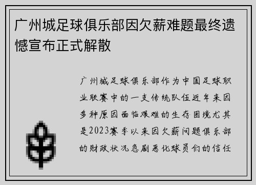 广州城足球俱乐部因欠薪难题最终遗憾宣布正式解散